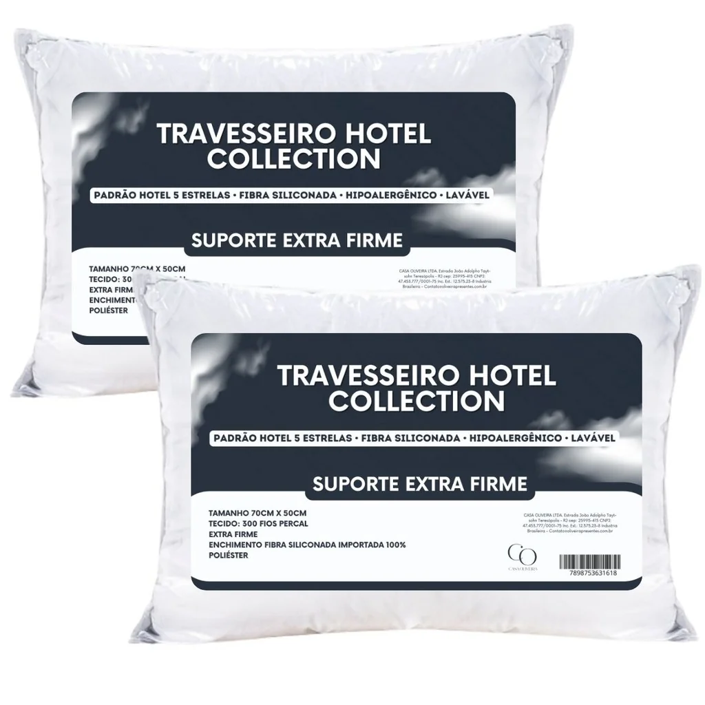 Kit 2 Travesseiro Extra Firme Hotel Collection Padrão Hotel Antialérgico Fibra Siliconada