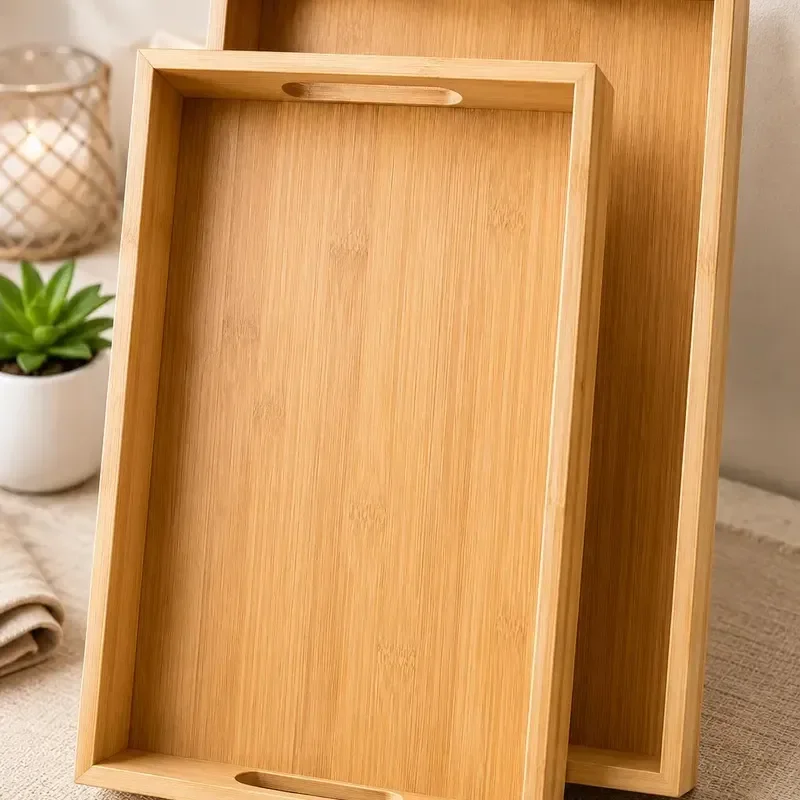 Kit 2 Bandejas De Bambu Retangulares Com Alças Laterais Para Servir Café Decoração Vivatutto Marrom-claro