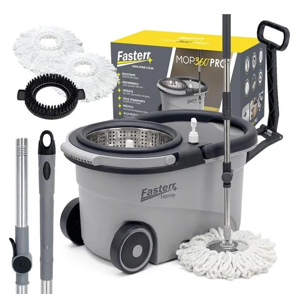 Mop Esfregão 360 Giratório Mop Move 3 Refis Com Cabo Inox Alça Roda 14 Litros FST104