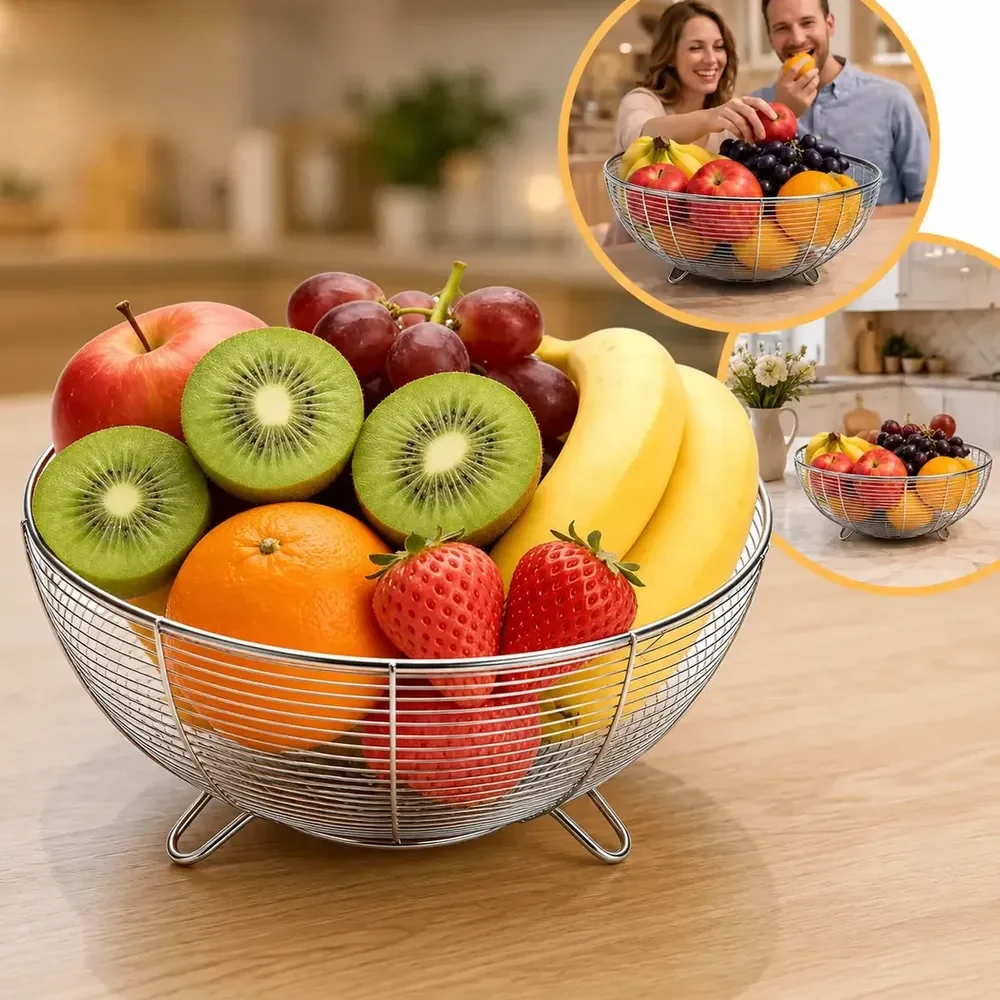 Fruteira Redonda De Aço Para Cozinha 28 Cm Prateado 28cm