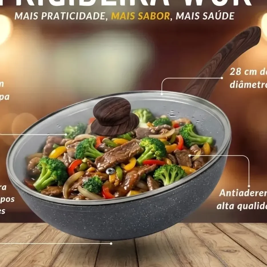 Frigideira Antiaderente Wok Em Cerâmica Grande Com Tampa Em Vidro Para Fogão De Indução E Gás 28cm 3,6l Cook Cerâmica Granito Pítia Granito