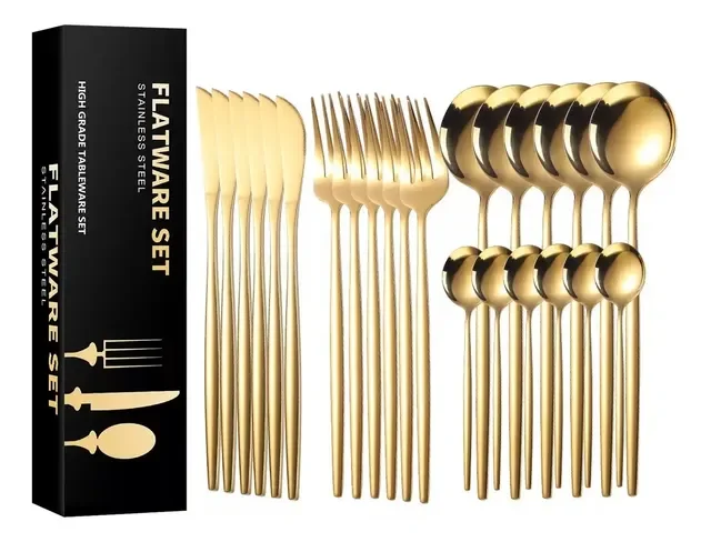 Kit 24 Peças Jogo De Talheres Dourados Aço Inoxidável 416