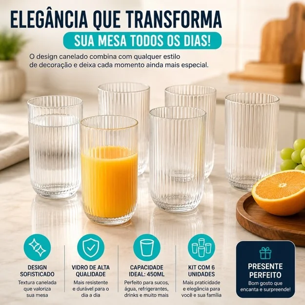 Jogo 6 Copos Canelado 450ml Transparentes Elegantes Para Suco Água Grafiato Mesa Posta Luxo