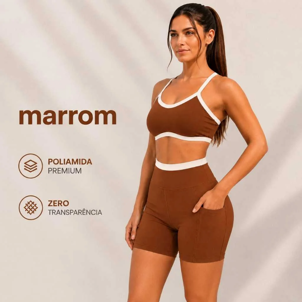 Conjunto Fitness Poliamida Premium Top Biquini e Shorts com Bolso Cós Alto Sem Transparência