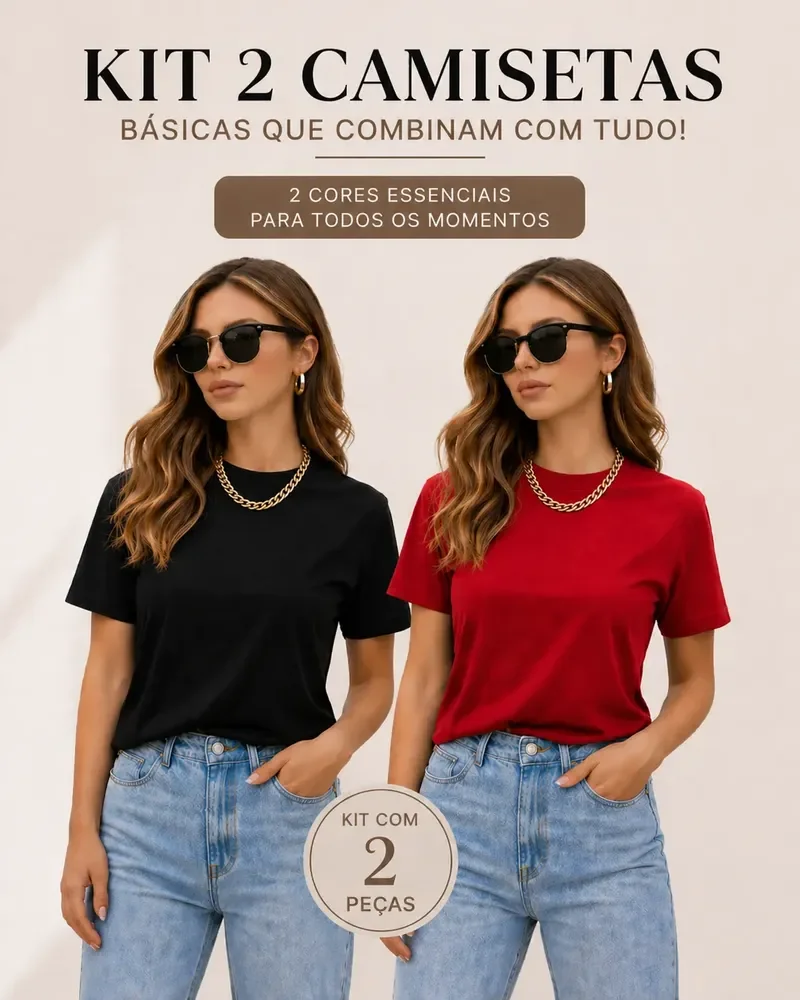 Kit 2 Blusas Feminina Camiseta T-shirt Gola Redonda Lisas Preto-vermelho Gg