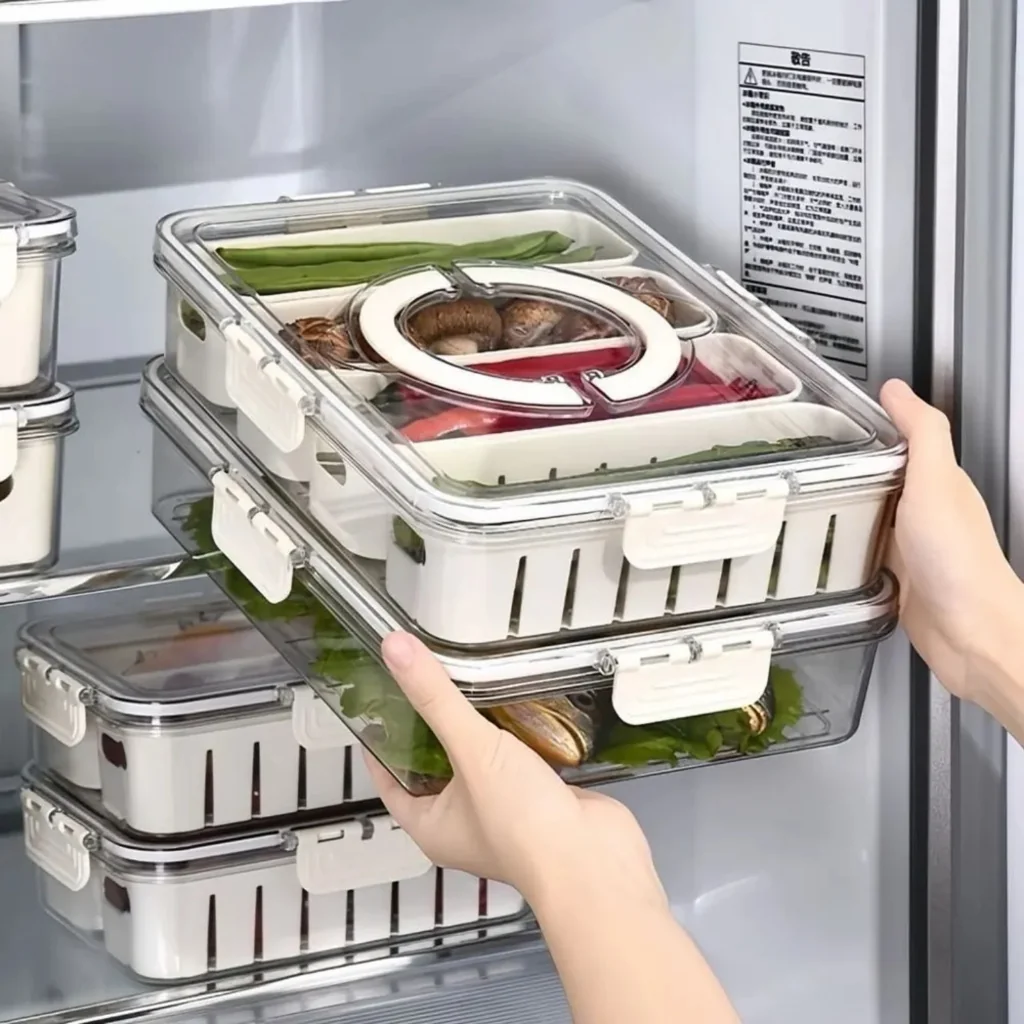 🛍️ Organizador de Geladeira Caixa Multiuso para Temperos e Especiarias Divisórias Removíveis com Tampa