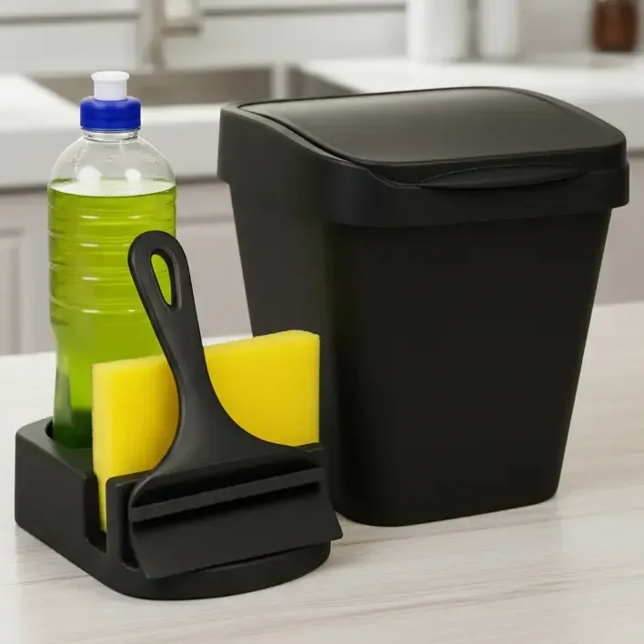 Kit Jogo Pia Porta Detergente + Lixeira 4,8l + Rodinho Preto Preto