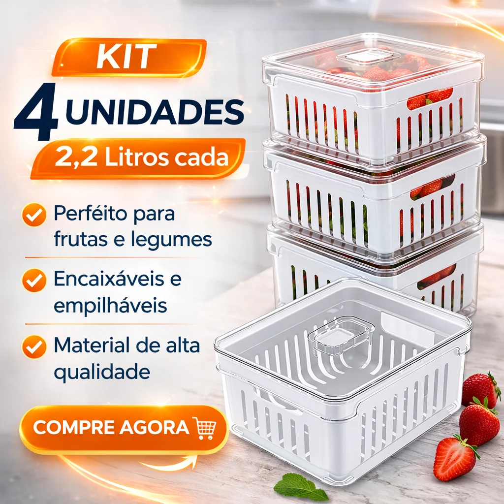 Kit 4 Organizadores de Geladeira de Acrílico 2,2 Litros com Tampa e Cesto de Drenagem | Shopee Brasil
