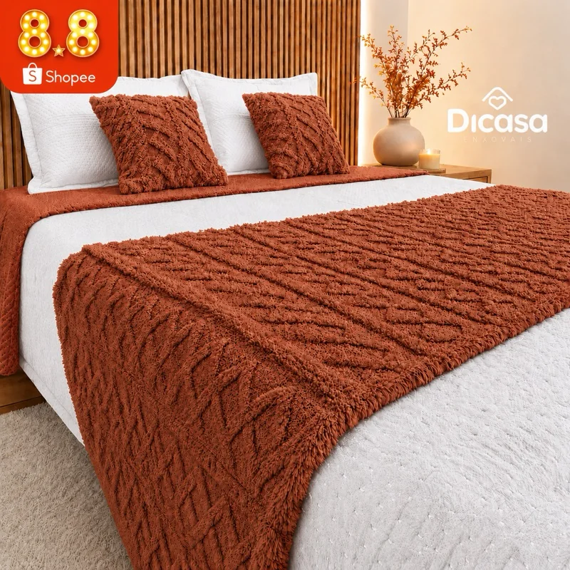 Kit 3 Peças Cama Posta 1 Peseira e 2 Capas de Almofada Decorativa Flannel Elegante Chique Casa Rica