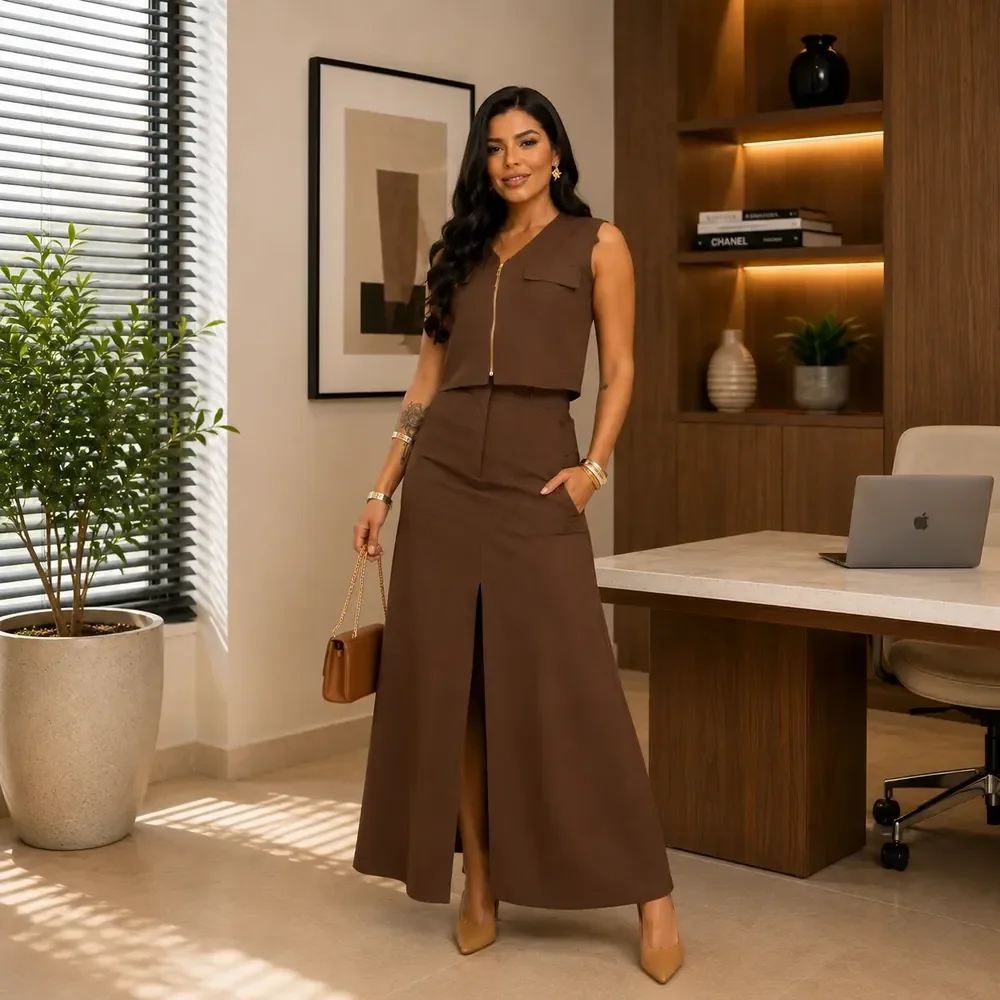 Conjunto Saia Longa Blusa Elegante Social Festa Chique Fenda Marrom Gg