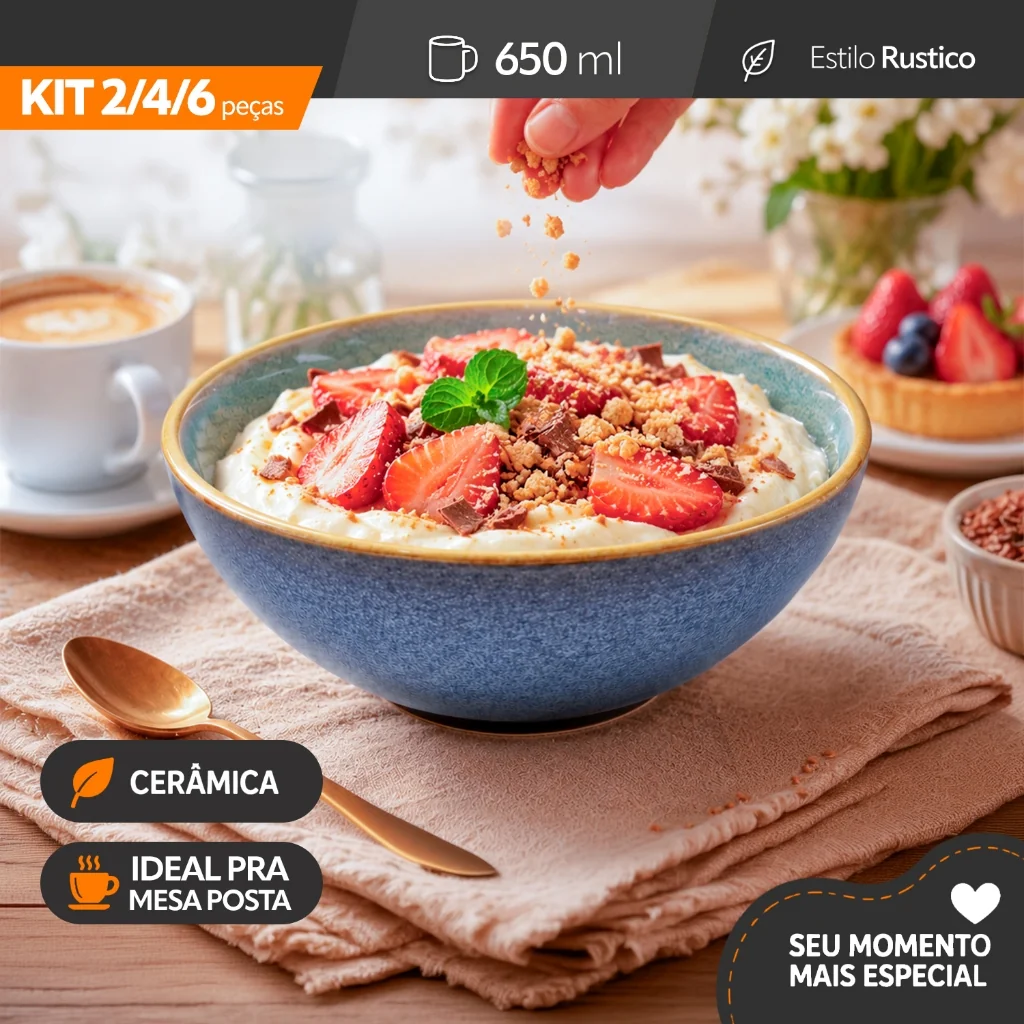 Kit 2/4/6 Tigela De Cerâmica 650ml Bowl Esmaltada Azul Mesa Posta Multiuso