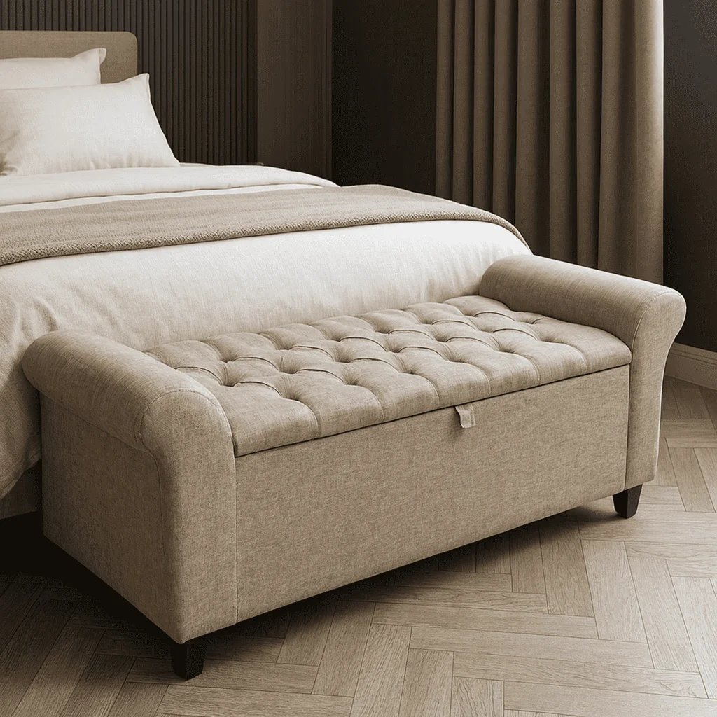 Baú Puff Recamier Divã Paris 150 cm Queen Banqueta Organizador Capitonê Tecido Suede Linho Estrutura Madeira - AV