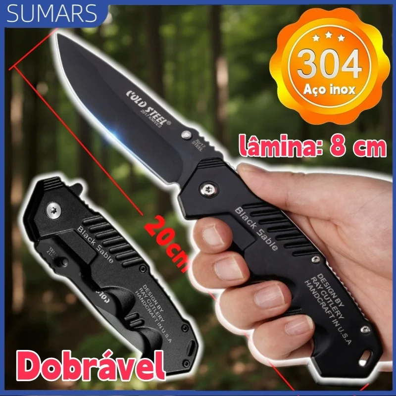 Canivete Dobrável Aço Inox com Trava para Camping Pesca Churrasco Multiuso
