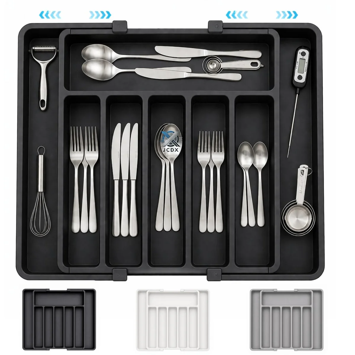 Organizador de Talheres Ajustável Expansível para Gaveta de Cozinha, Porta Talheres com 8 Divisórias, Bandeja Extensível Retrátil para Utensílios Facas e Talheres, Plástico Resistente (Preto)