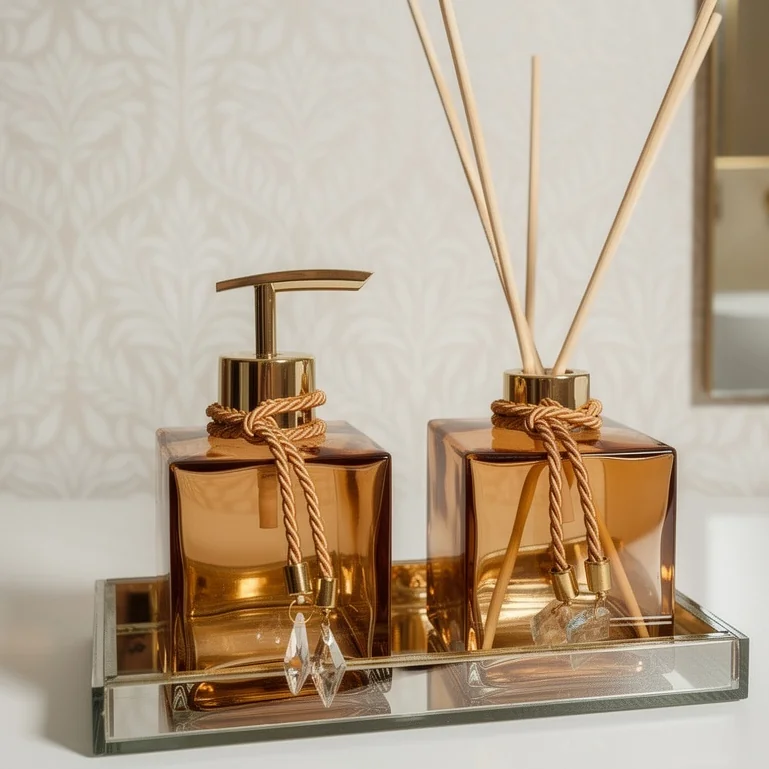Kit Lavabo Âmbar Dourado Glamour Difusor Varetas Saboneteira Cristal Banheiro Alto Padrão Barato
