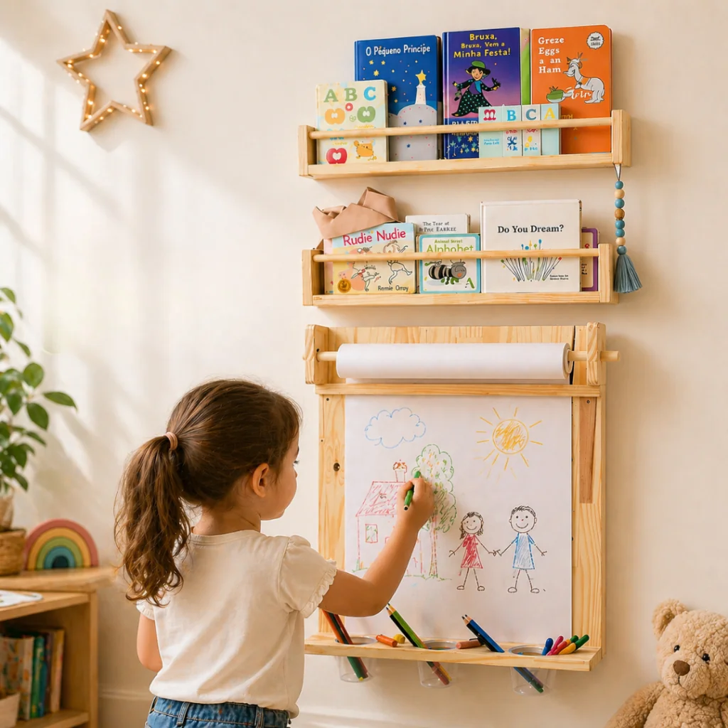 Kit Lousa Infantil com Bobina de Papel + 2 Prateleiras Montessori em Madeira | Organização e Decoração