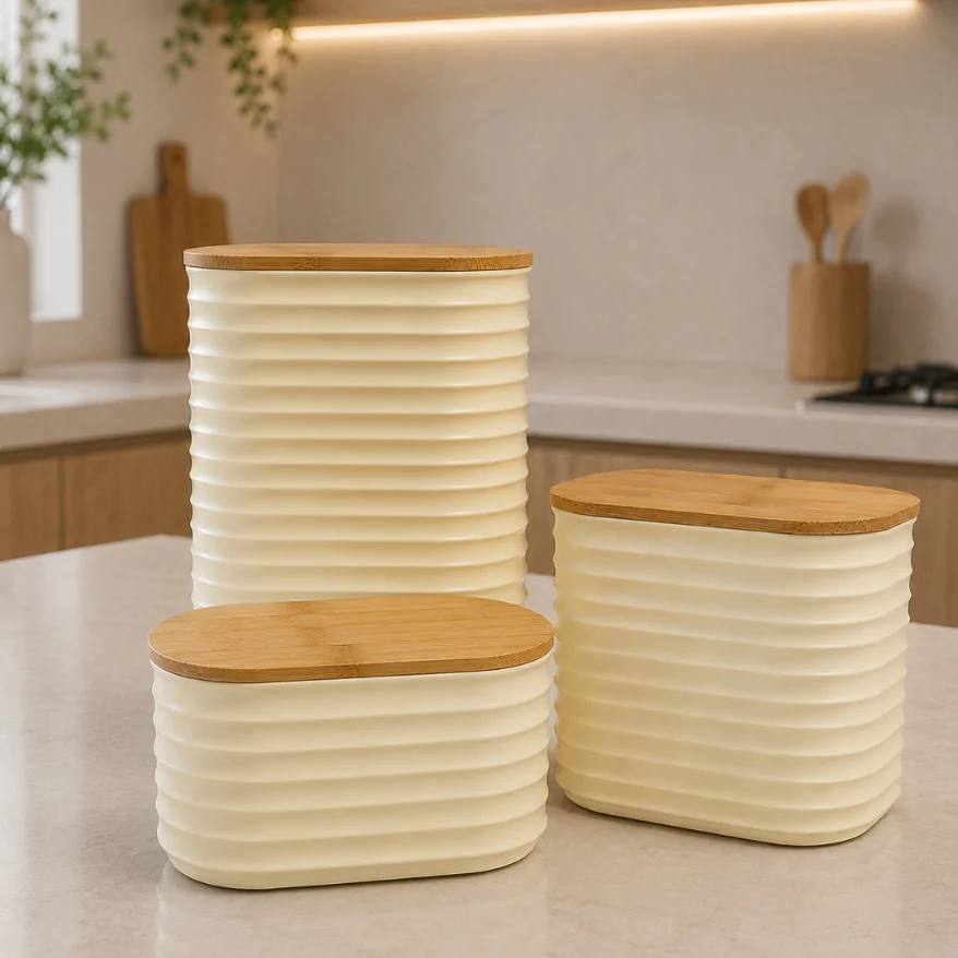 Kit 3 Potes Herméticos Mantimentos Tampa de Bambu Organizador Cozinha 1550ml 1000ml 400ml