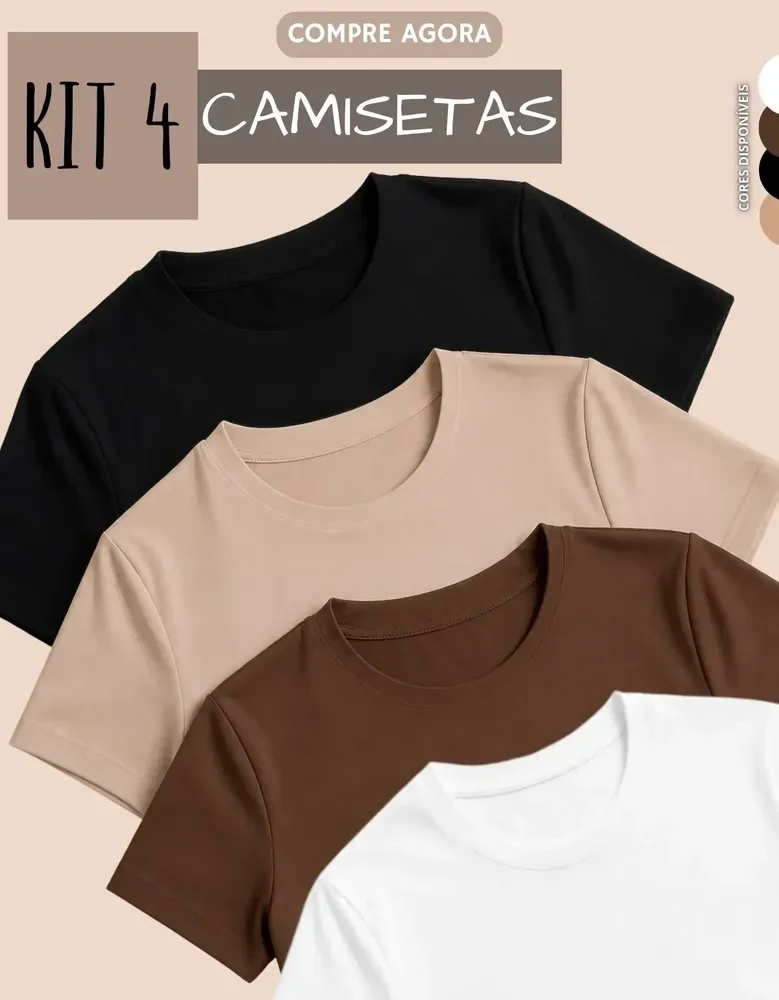 Kit 4 Camisetas Feminina Suplex Tshirt Básica Casual Preto + Branco + Marrom + Nude Lisa P/m (36-38)