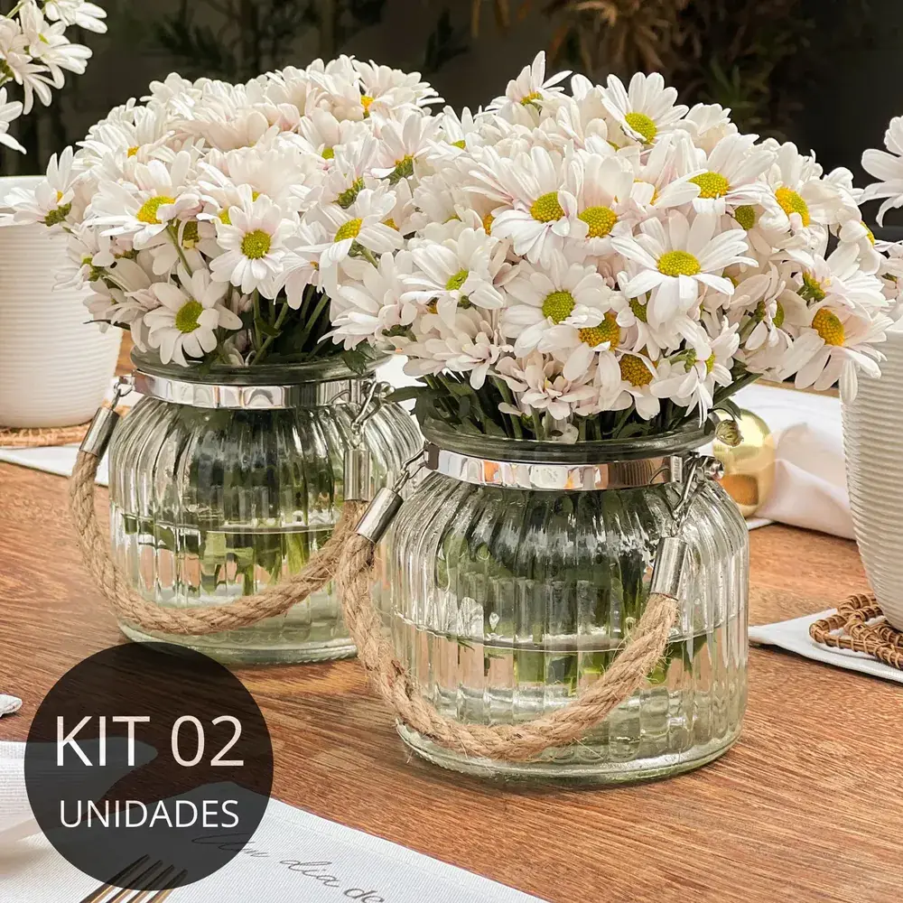 Kit 2 Vasos Vidro Canelado Alça Rústica 700ml Decoração