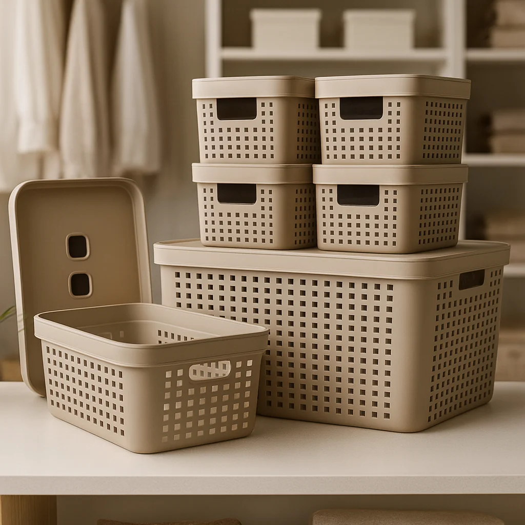 Kit 6 Caixa Organizadora com Tampa 17 L 4,5 L 2 L Cesto Grande em Plástico para Organização