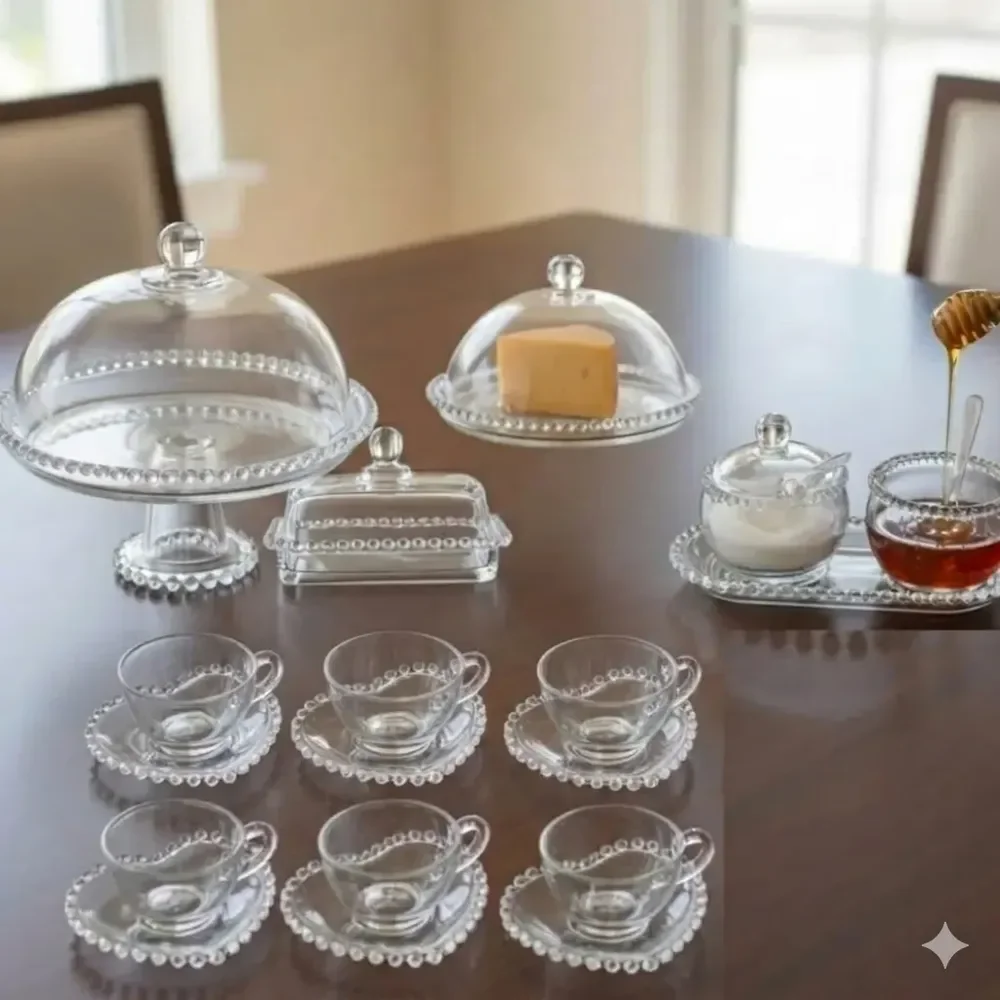 Aparelho Para Mesa Posta 6 Pçs Café Chá Cristal Pearl Borda Bolinhas Wolff Pires Redondo Prato C/ Pé - Manteigueira - Meleira - Queijeira - Travessa - Açucareiro + (6 Xícaras 180ml C/ Pires)
