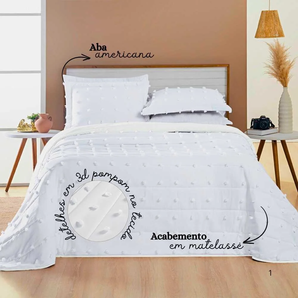 Cobre Leito 3 Peças - Casal\Queen\King - 300 Fios Percal - Dupla Face - Detalhes em 3d Pompom Poppy