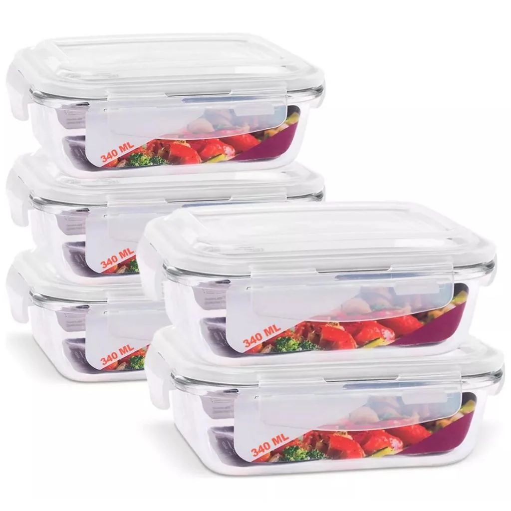 Kit 05 Pote Hermético de Vidro 370ml C/ Valvula Ar Marmita Fit Freezer Microondas Geladeira