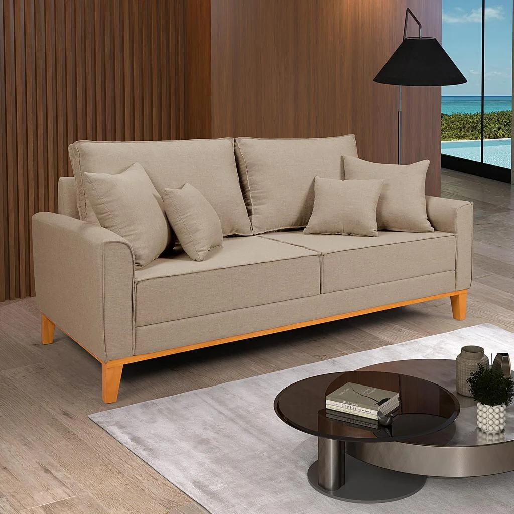 Sofá Living Beny 3 Lugares 1,80m Base de Madeira Para Sala de Estar Linho