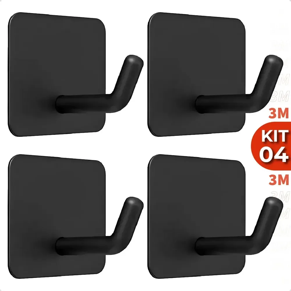 Kit 4 Ganchos Adesivos 3m Aço Inox Suporte Multiuso Para Pendurar Toalhas Roupas Chaves Banheiro Cozinha Cor Preto Marca Homeroarte