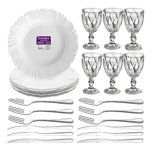 Aparelho De Jantar Luxo Prato Petala Talher Inox Taça Diamon