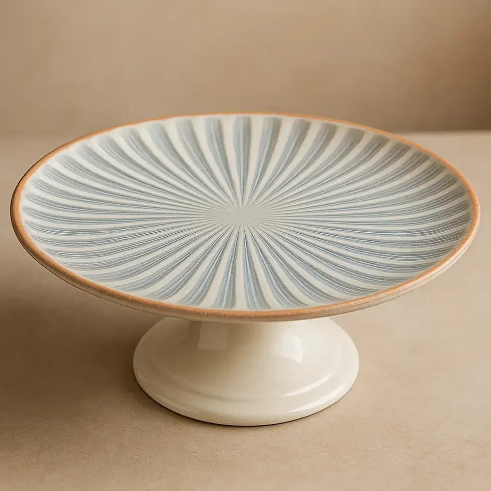 Boleira De Cerâmica Decorativa Em Listas Para Bolos E Doces Azul