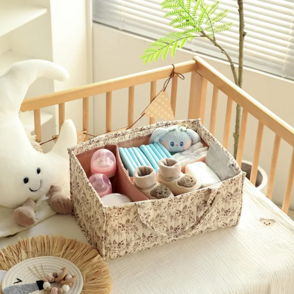 Cesto Organizador Floral para Berçário com Divisória Removível, Bolsa Portátil para Bebê, Essencial para Chá de Bebê e Lista de Presentes