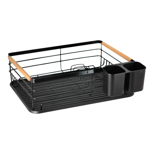 Escorredor De Bancada Para Pratos Em Ferro E Madeira 42x30cm Rack Preto Escorredor Organizador