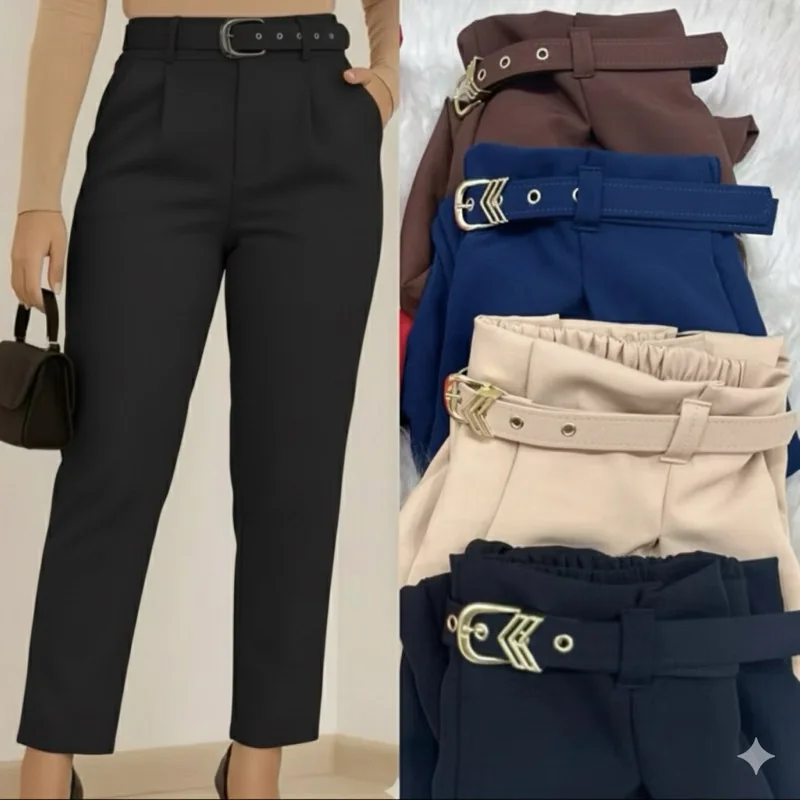 Calça Feminina Alfaiataria Reta Com Cinto Cintura Alta Elegante e Confortável