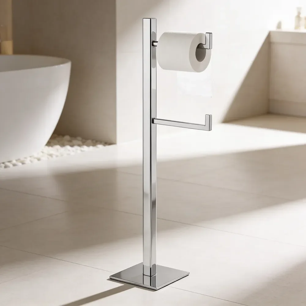 Papeleira De Chão Quadrada Porta Papel Higiênico Inox Inox Polido