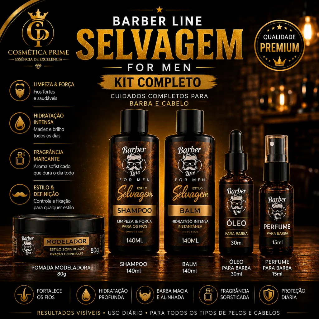 Kit Barba e Cabelo Masculino Completo Shampoo Balm Óleo Modelador Perfume Selvagem | Cosmética Prime
