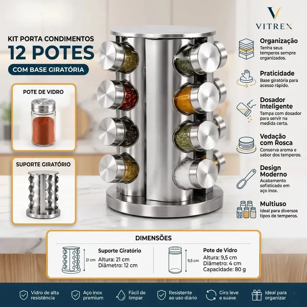 Kit Porta Temperos Condimentos 12 Potes C/ Temperos Em Vidro E Inox Com Base Giratória