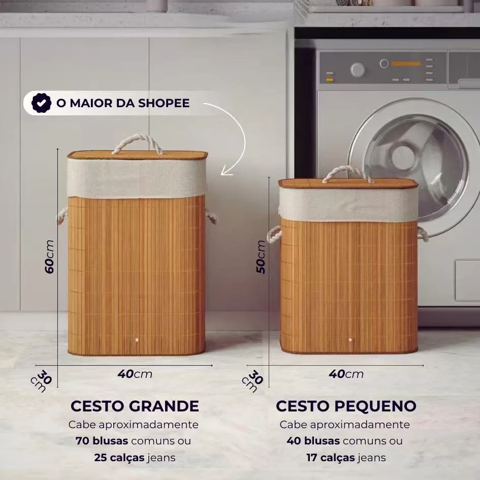 Cesto de roupa suja de bambu de 72 litros com tampa e alça, forro espesso, adequado para uso na sala de estar e no banhe