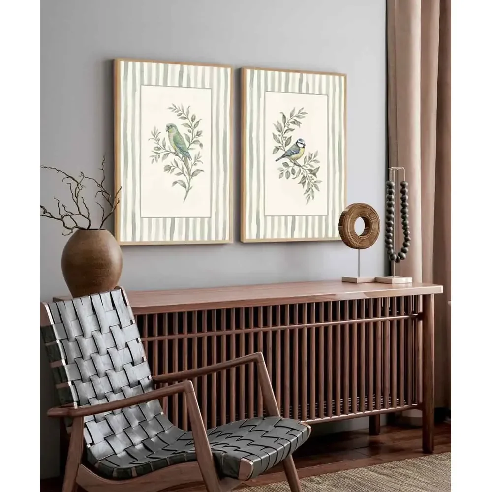 Kit 2 Quadros Decorativo Pássaros Coloridos Sala Com Moldura Bege
