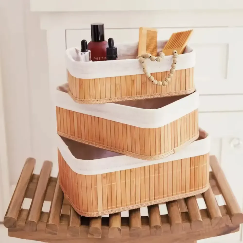 Kit 3 Cestos Caixa Organizador Bambu Tecido  Multiuso Forro Bambu