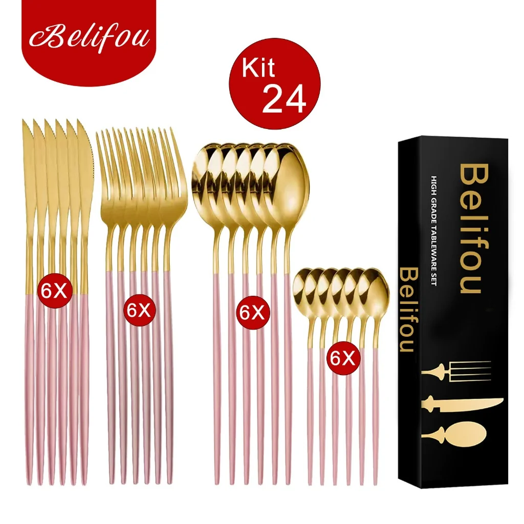 Belifou Kit 24 Jogo De Talheres Aço Inoxidável Rosa Dourado Resistente ao Desbotamento