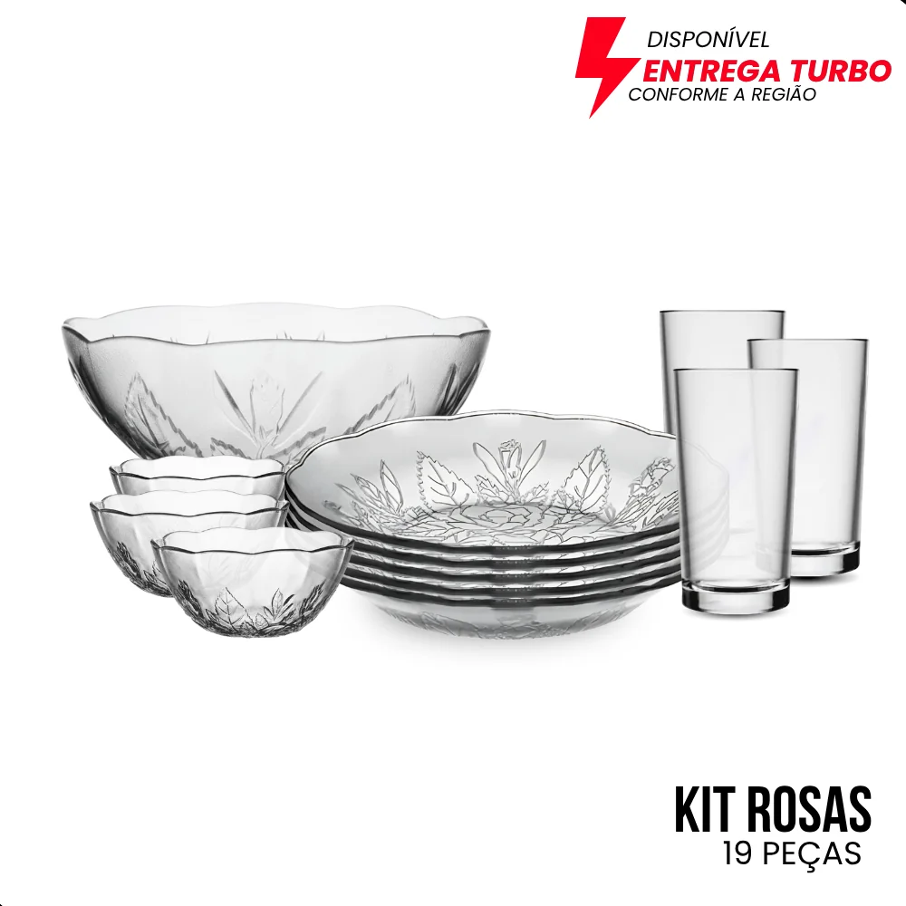 Aparelho de Jantar 19 Peças Pratos Copos Tigelas Saladeira Vidro Elegante Completo Mesa Posta