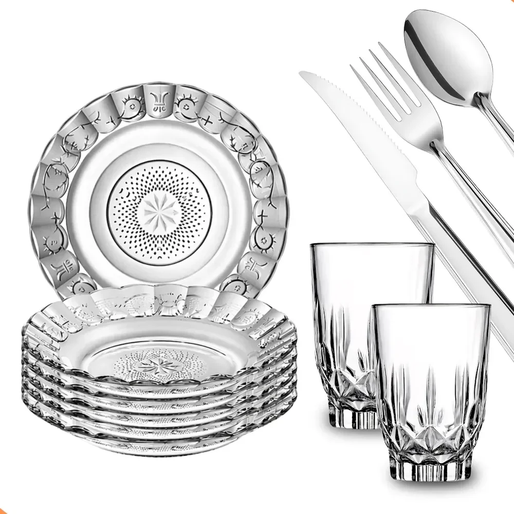 Aparelho De Jantar 30 Peças - Pratos + Copos + Talheres Inox Transparente 30 Peças