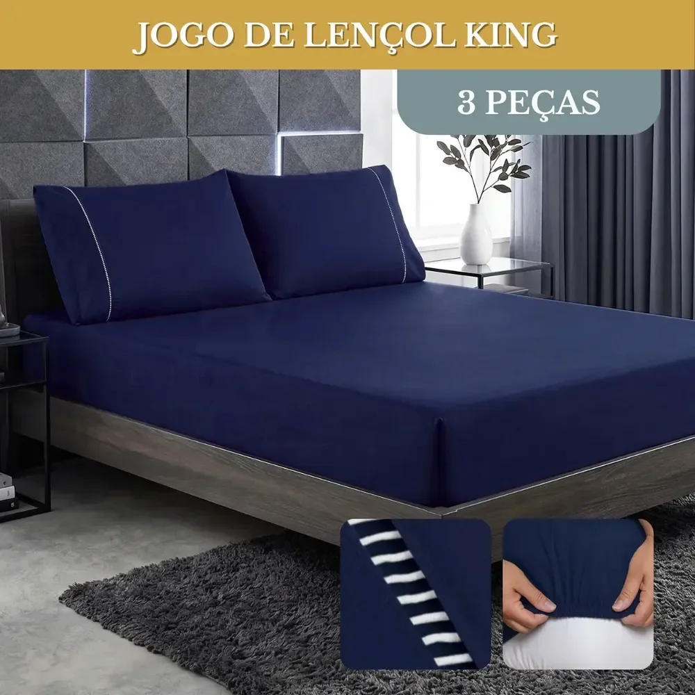 Jogo De Lençol Cama King 03 Peças 400 Fios Ponto Palito Cor Azul-marinho Desenho Do Tecido Lisa Liso
