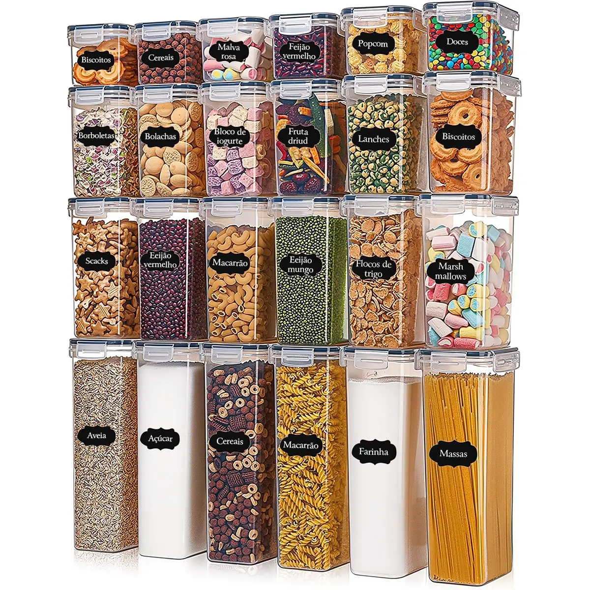 Potes Tampa Hermético Porta Alimentos Mantimentos Armário Cozinha (Kit 24)