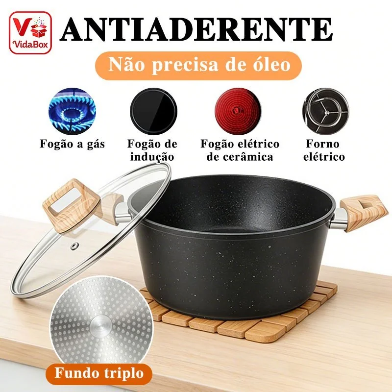 Panela Caçarola Antiaderente Grafite com Revestimento Cerâmico Premium | 20/24/28cm | Tampa de Vidro Temperado | Indução