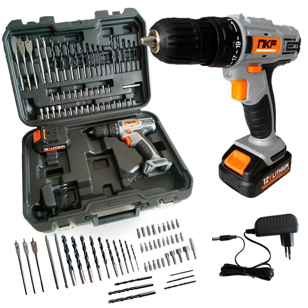 Parafusadeira Furadeira a Bateria 12V FP12X NKF Com Maleta Bateria Brocas e 50 Acessórios FP12X NKF
