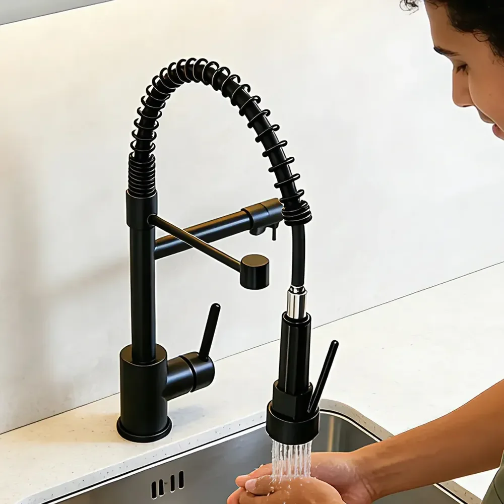 Torneira com mola aço inox inoxidável bancada grande acabamento fosco cor preto Hongyu