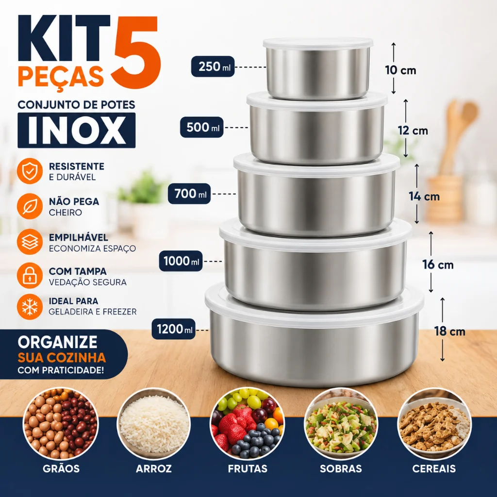 Kit 5 Potes Inox Com Tampa Redondo Porta Alimentos Cozinha Jogo Organizador Cozinha