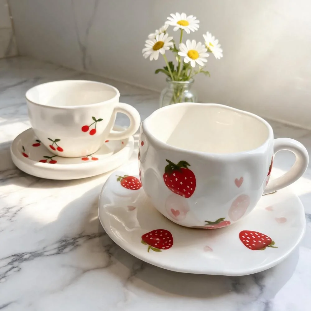 Xícara Com Pires Orgânica Porcelana Fofa Morango Cereja Mesa Posta Café Chá Cerâmica Artesanal